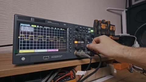 Technician Calibrating Digital Oscilloscope Displaying Square Wave Signal Stock Footage 327854389
