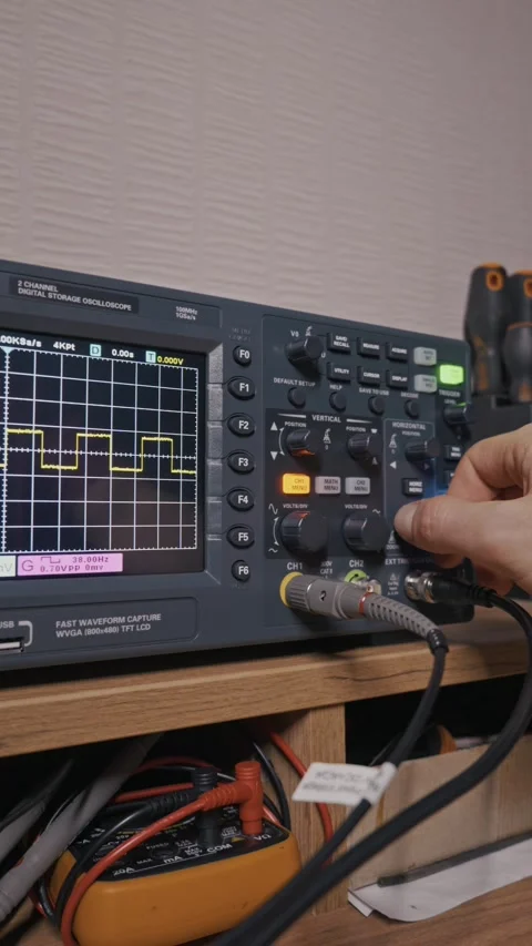 Technician Calibrating Digital Oscilloscope in Electronics Workshop Stock Footage 327611478