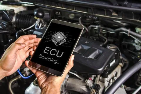 Technician checking the car electronic control unit system or ECU Stock Photos