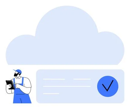 Technician Checking Data on Tablet with Cloud Storage and Check Mark Symbol Stockillustratie