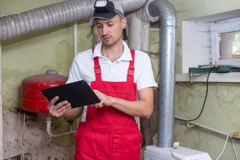 The technician checking the heating system in the boiler room with tablet in Stock Photos