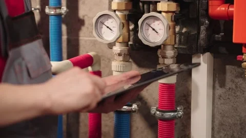Technician Checking Heating System Gauges Using Digital Tablet Stock Footage 330858948