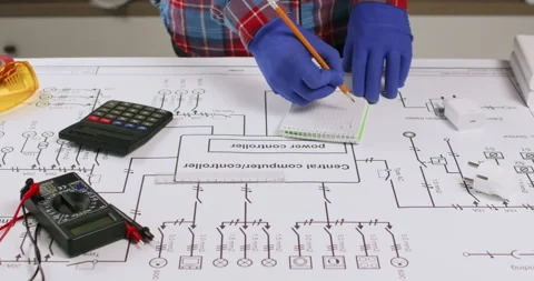 Technician checks circuit network drawing and marks notes Video stock 277618632