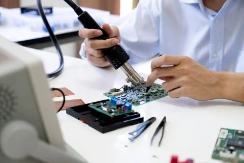 Technician checks the electronic device. Stock Photos