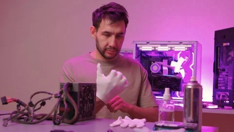 Technician cleaning computer. Expert cleaning and examining computer hardware Stock Footage 347877553
