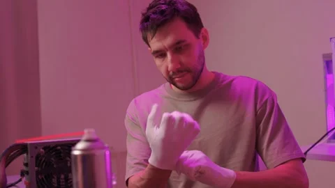 Technician cleaning computer. Expert cleaning and examining computer hardware Stock Footage 347877561