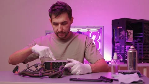 Technician cleaning computer. Expert cleaning and examining computer hardware Stock Footage 347877563