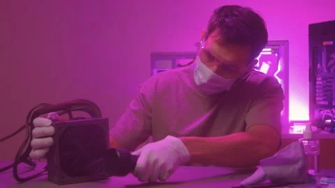 Technician cleaning computer. Expert cleaning and examining computer hardware Stock Footage 347877607