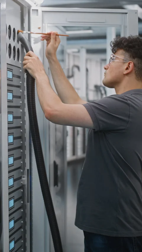 Technician Cleaning Server Cabinet Ventilation Fans in Data Center Stock Footage 344888151