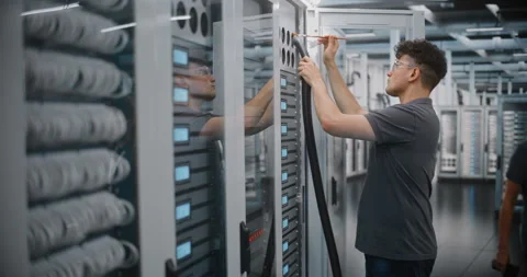 Technician Cleaning Server Cabinet Ventilation Fans in Data Center Stock Footage 344890033