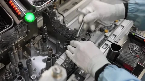 Technician in a cleanroom environment performing precision manual assembly of a Stock Footage 332917974