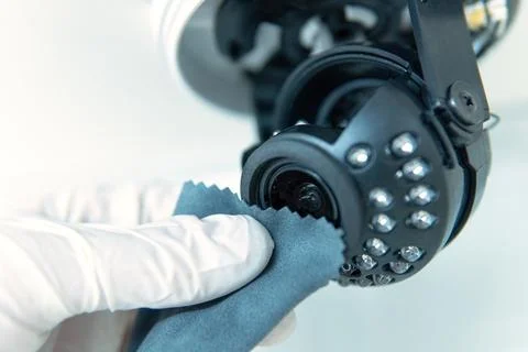A technician cleans the lens of a CCTV camera from dust. Small depth of field. Stock Photos