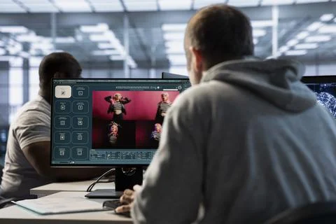 Technician coding AI virtual assistant producing clips Stock Photos