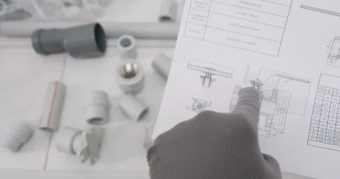 Technician compares component to drawing and confirms spec Stockbeeldmateriaal 322008325