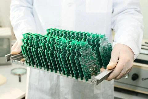 Technician with computer circuit board with chips. Spare parts and components Stock Photos