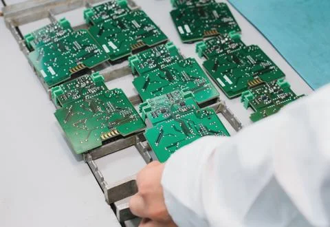 Technician with computer circuit board with chips. Spare parts and components Stock Photos