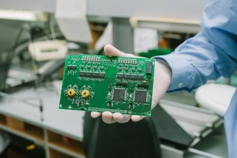 Technician with computer circuit board with chips. Spare parts and components Foto stock