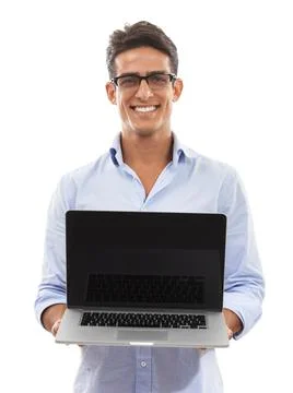 Technician, computer screen and portrait in studio for presentation, information Foto stock