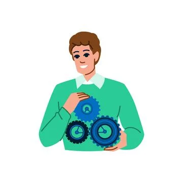 Technician connecting gears, solving problems and finding solutions 스톡 일러스트