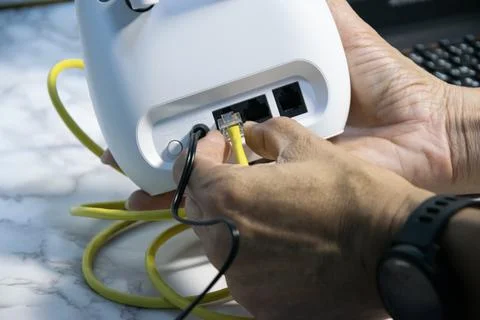 The technician is connecting the LAN cable to the router. Stock Photos