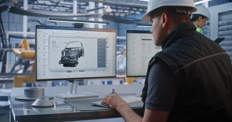 Technician Controlling Robotic Arm Factory Operations via CAD Software on Stock Footage 344389452