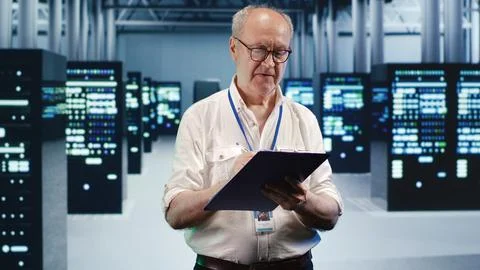 Technician crosschecking server parts Stockfoto's