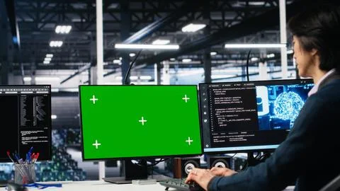 Technician in data center coding with generative AI on green screen PC Stock Photos