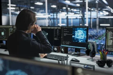 Technician in data center drinking coffee and optimizing hardware for AI tasks Foto stock