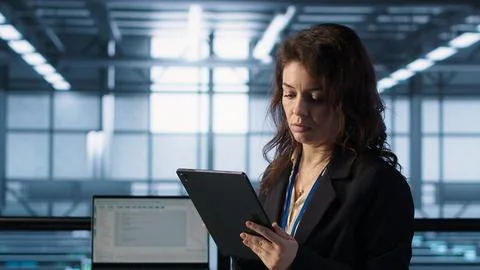 Technician in data center with tablet integrating AI driven automation tools Stock Photos