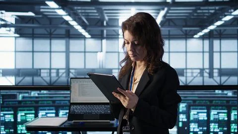Technician in data center using AI tech on tablet 스톡 사진