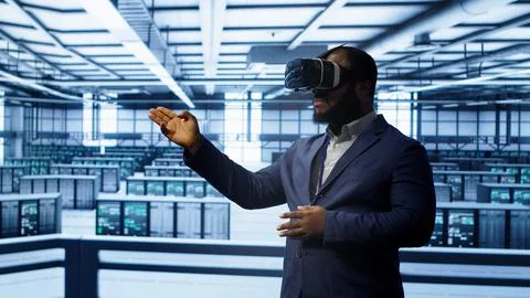 Technician in data center using VR headset to optimize servers performance Foto stock