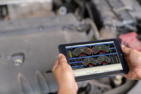 Technician diagnostics of code failure with tablet Stock Photos