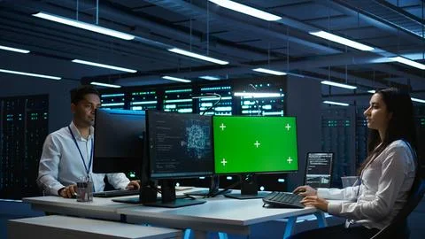 Technician doing checkup on green screen server hub PC, using AI tech Foto stock