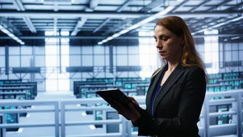 Technician doing checkup, inputting data on tablet of needed fixes in server hub Stock Photos