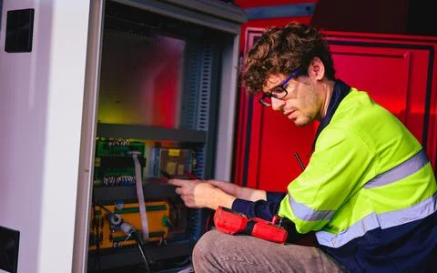 Technician engineer checking and repairing automatic robotic machine Stock Photos