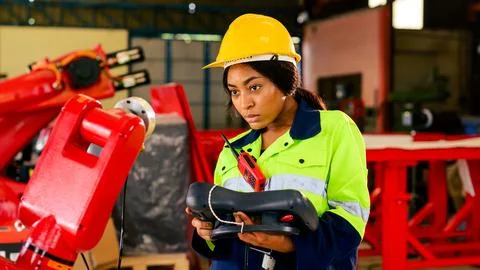 Technician engineer checking and repairing automatic robotic machine Stock Photos