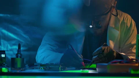 Technician engineer developer is soldering iron pcb microcircuit electronic Stock Footage 168839413
