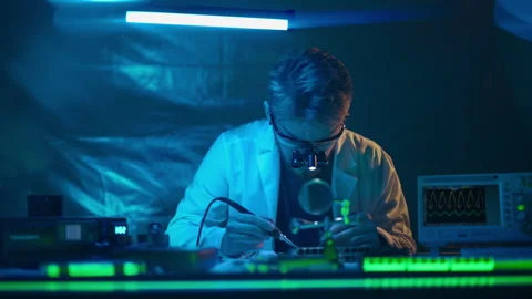 Technician engineer developer is soldering iron pcb microcircuit electronic Stock Footage 205469071