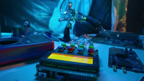Technician engineer developer is soldering iron pcb microcircuit electronic Stock Footage 205470513