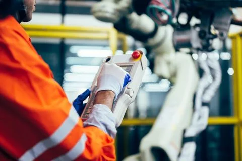 Technician engineer holding robot controller checking automatic robotic machine Stock Photos