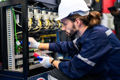Technician engineer holding robot controller checking automatic robotic machine Stock Photos