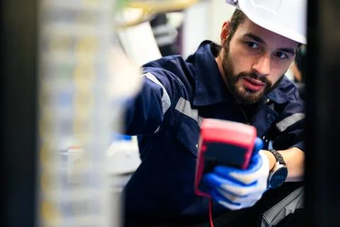 Technician engineer holding robot controller checking automatic robotic machine 스톡 사진