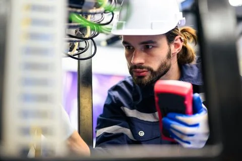 Technician engineer holding robot controller checking automatic robotic machine Stock Photos