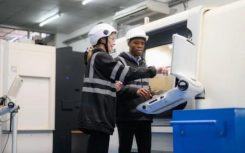 Technician engineer team checking and repairing part of automatic machine Foto stock