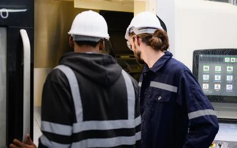 Technician engineer team checking and repairing part of automatic machine Stock Photos