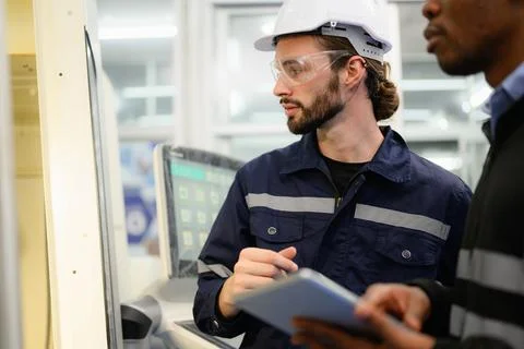 Technician engineer team checking and repairing part of automatic machine Foto stock