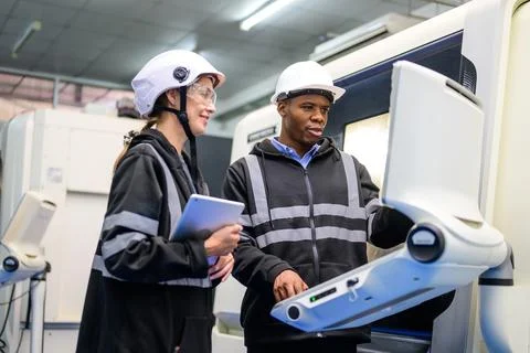 Technician engineer team checking and repairing part of automatic machine Stock Photos