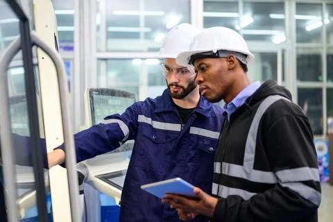 Technician engineer team checking and repairing part of automatic machine Stock Photos