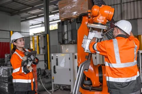 Technician engineer team fix service maintenance inspection robot arm insta.. Stock Photos