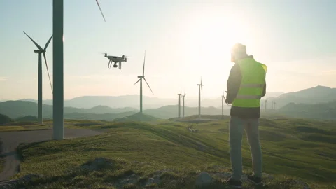 Technician Engineer in Wind Turbine Power Generator Station launches a drone for 库存影片 131326898
